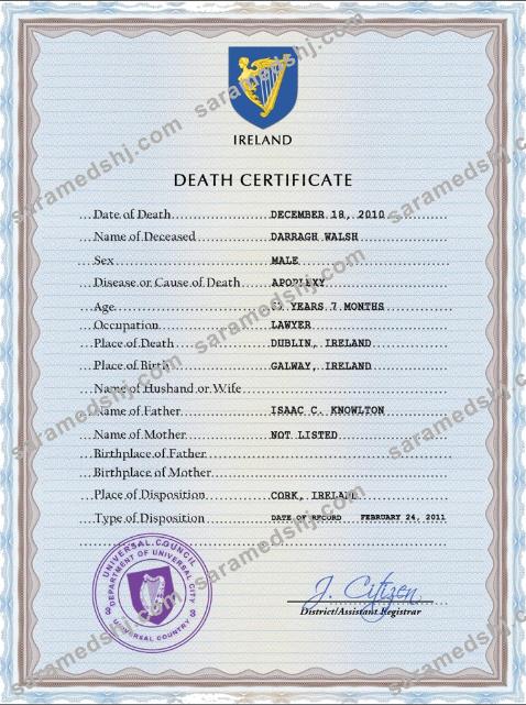 Ireland vital record death certificate PSD template